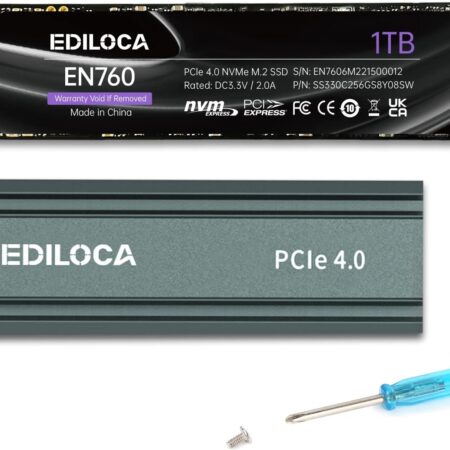 Ediloca EN760 SSD avec dissipateur Thermique 1 to PCIe Gen4, NVMe M.2 2280, jusqu'à 5000 Mo/s, Disque SSD Interne, Cache SLC Dynamique, Compatible avec PS5 et PC