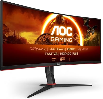 AOC Gaming CU34G2XPD - 34 Pouces WQHD Curved Monitor, 180Hz, 1ms, FreeSync Premium (3440x1440, HDMI, DisplayPort, USB Hub) Noir/Rouge