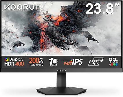 KOORUI G2411P Ecran PC Gamer 24 Pouces, 200Hz Ecran Gaming, Fast IPS, FHD 1080P, 1ms, HDR 400, Adaptive Sync, VESA 75x75mm, HDMI 2.0 & DP1.4, Faible Lumière Bleue
