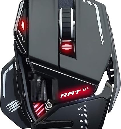 Mad Catz Rat 8+ Souris Gamer Filaire USB - Souris Ergonomique 11 Boutons Programmables - Capteur Optique Pixart3389 16000 DPI - Souris Gaming Pour PC Noir Avec Led Rouge Et Repose Poignet Reglable